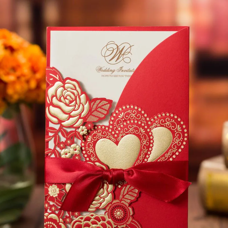 Description Picture 5 of item1pc Sample Red Laser Cut Wedding Invitations Card Rose Heart Greeting Cards with Ribbon Envelopes Wedding Party Favor Decoration