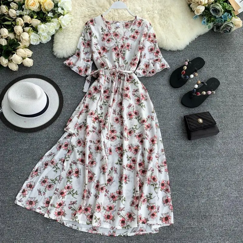 Seaside Holiday Floral Chiffon Ladies Dresses V-neck Horn Sleeves Split Fork Beach Dress 2019 Long Dress Summer Vestidos Mujer
Seaside Holiday Floral Chiffon Ladies Dresses V-neck Horn Sleeves Split Fork Beach Dress 2019 Long Dress Summer Vestidos Mujer