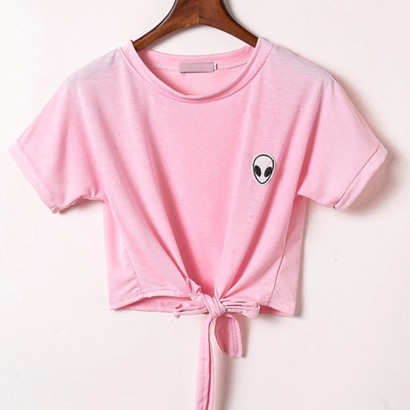 Ladies Casual Short-sleeved T-shirt Top 2019 Summer New Alien Embroidery Tie Wild Sexy Short T-shirt Female
Ladies Casual Short-sleeved T-shirt Top 2019 Summer New Alien Embroidery Tie Wild Sexy Short T-shirt Female