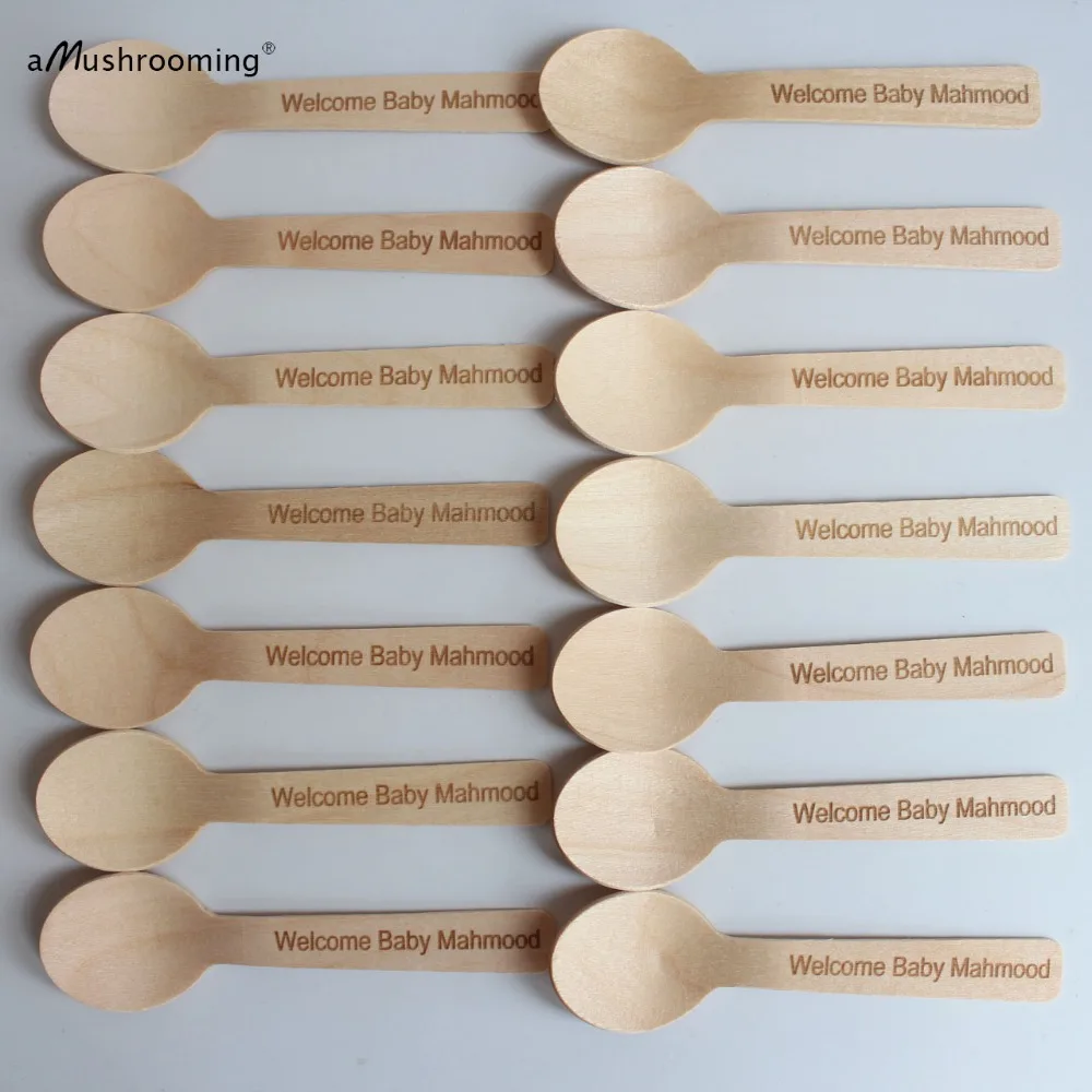 100 Personalized Welcome Baby Baptism Party Ice Cream Spoons Wooden Disposable Dessert First Birthday Shower | Дом и сад