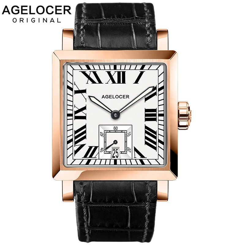 

AGELOCER Watches Men Sports Watches Black steel Dual Time With Calendar Luminous Analog Gift Wristwatch Man Square Seconds Dial