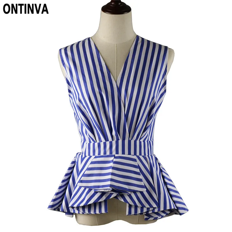 Blue Striped Peplum Tops Blouse Summer Sleeveless Womens Plus Size V-Neck Ruffles Office Lady Shirts Femininas Blusas Workwear
Blue Striped Peplum Tops Blouse Summer Sleeveless Womens Plus Size V-Neck Ruffles Office Lady Shirts Femininas Blusas Workwear