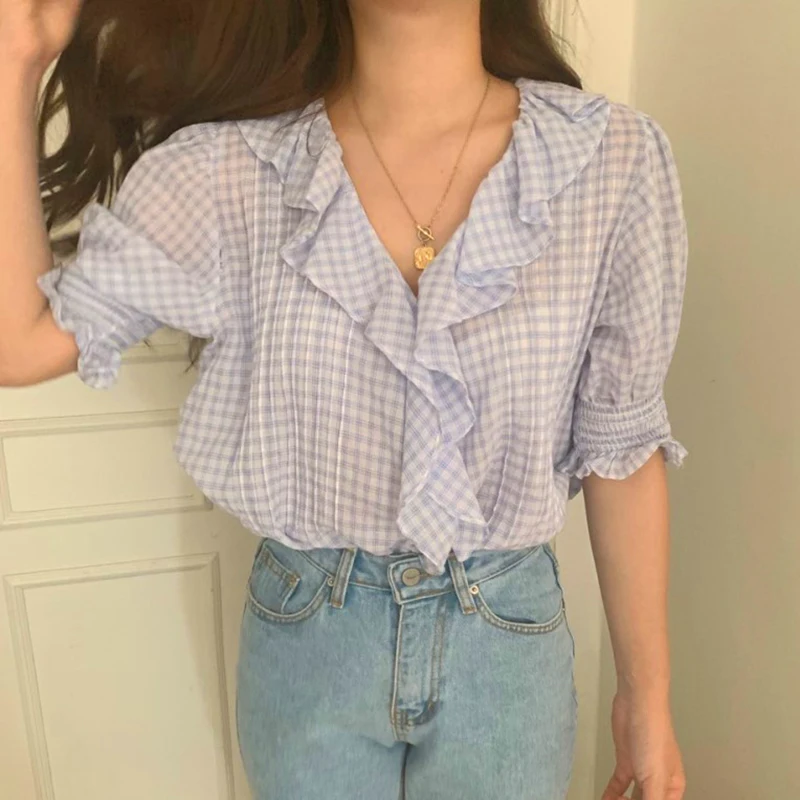 Cute Lady Fresh Plaid Blouse Ruffles Puff Sleeve Top Women Shirt Summer Chemise Femme Chemisier Blusa Mujer Camisa
Cute Lady Fresh Plaid Blouse Ruffles Puff Sleeve Top Women Shirt Summer Chemise Femme Chemisier Blusa Mujer Camisa