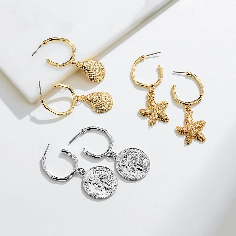 C Hoop Earrings for Women Gold Color Shell Starfish Coin Hoop Earrings Summer Jewelry Gift Drop Shipping
C Hoop Earrings for Women Gold Color Shell Starfish Coin Hoop Earrings Summer Jewelry Gift Drop Shipping