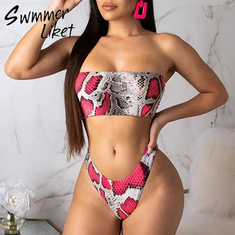 Bandeau bikinis 2019 Mujer Snake print swimwear women High cut bathing suit Push up swimsuit female Fashion summer beach wear
Bandeau bikinis 2019 Mujer Snake print swimwear women High cut bathing suit Push up swimsuit female Fashion summer beach wear