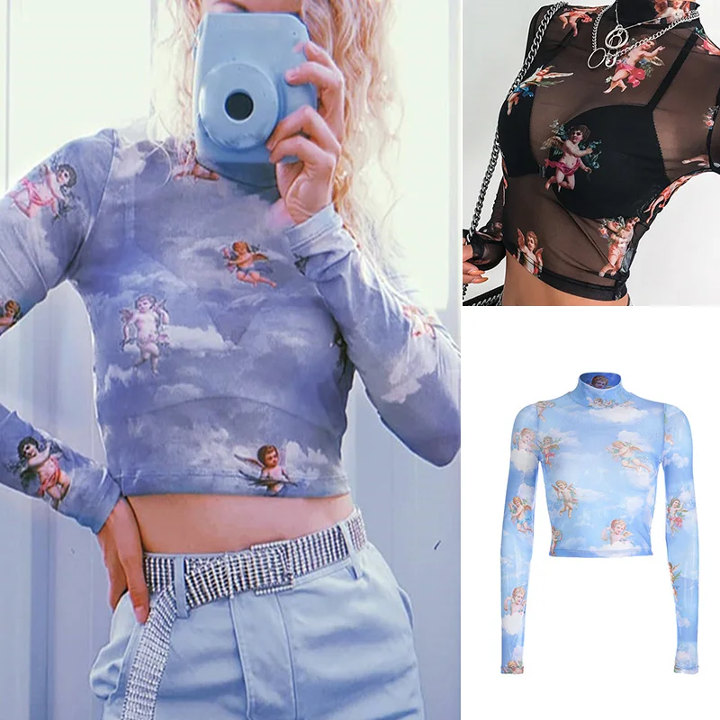 Sexy Mesh Long Sleeve Crop Top For Women See-through Fishnet T-Shirt Turtleneck Mesh Top Angel Printed Female Summer Tops
Sexy Mesh Long Sleeve Crop Top For Women See-through Fishnet T-Shirt Turtleneck Mesh Top Angel Printed Female Summer Tops