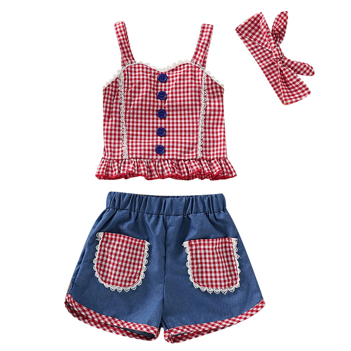 Cute Kid Baby Girl Summer Sets Plaid Ruffle Buttons Strap Tank Tops Elastic Cotton Pockets Shorts headband 3Pcs Outfits Clothes
Cute Kid Baby Girl Summer Sets Plaid Ruffle Buttons Strap Tank Tops Elastic Cotton Pockets Shorts headband 3Pcs Outfits Clothes