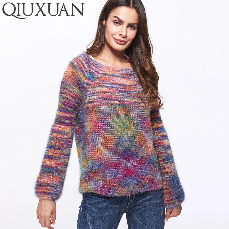 QIUXUAN Autumn Winter Women Sweater Multicolor Gradient O Neck Long Sleeve Pullover Female Warm Fashion | Женская одежда