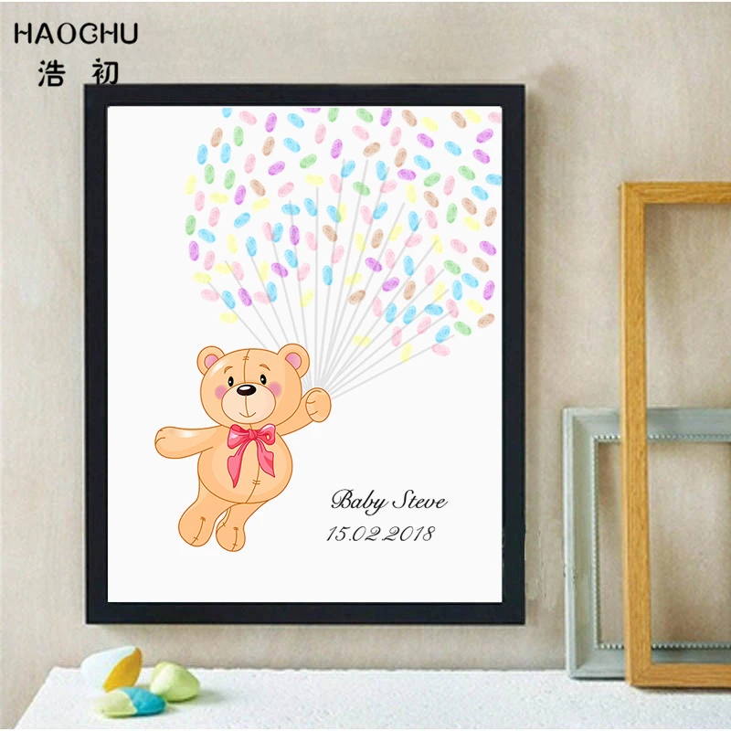 HAOCHU Customized Canvas Cartoon Teddy Bear Balloon Guest Fingerprint Book Baby Shower Attendance Signature Painting Souvenir | Дом и сад