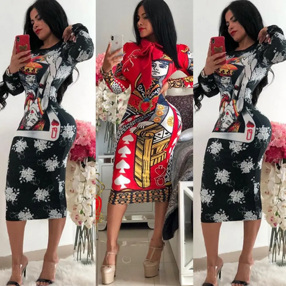 2019 Autumn Long Sleeve O-neck Poker Playing Cards Vintage Chain Print Dresses Women Sexy Bandage Nightclub Midi Dress
2019 Autumn Long Sleeve O-neck Poker Playing Cards Vintage Chain Print Dresses Women Sexy Bandage Nightclub Midi Dress