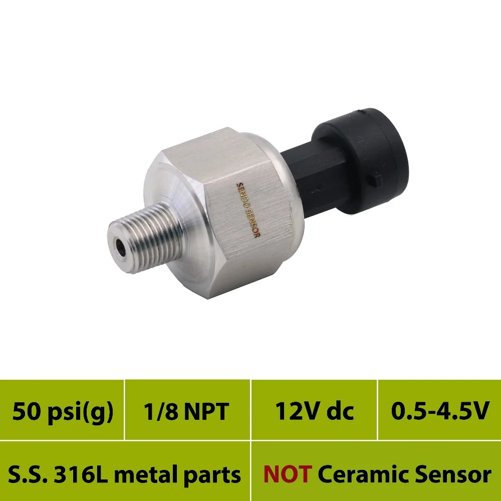 0-50 psi Pressure Sensor for Fluid or Air, full stainless steel 316L, 1/8NPT thread, 12V, 24V dc power, 0.5 4.5V output
0-50 psi Pressure Sensor for Fluid or Air, full stainless steel 316L, 1/8NPT thread, 12V, 24V dc power, 0.5 4.5V output