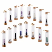 500ml Bamboo Lid Natural Crystal Water Bottle Crystal Gemstone Tea Bottle Wand Point Reiki Healing Crystal Glass Bottle