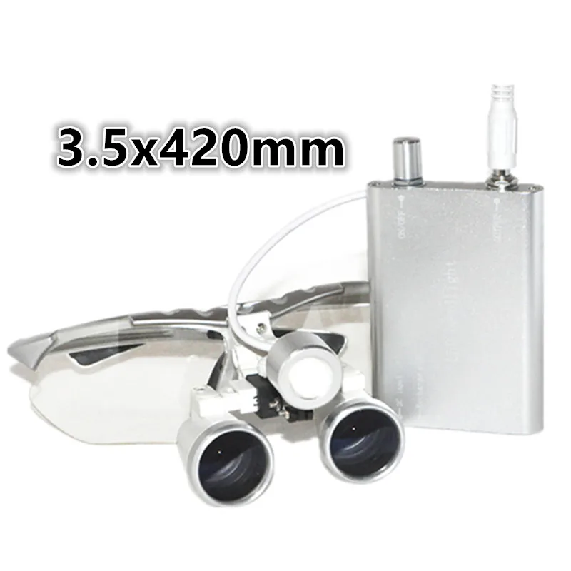 New Design Silver 3.5 X Dental Surgical Binocular Loupes Dentist 420mm + Dental Headlamp Light
New Design Silver 3.5 X Dental Surgical Binocular Loupes Dentist 420mm + Dental Headlamp Light