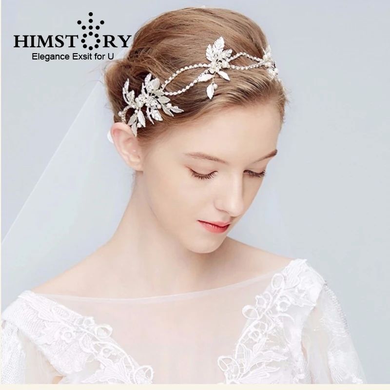 

HIMSTORY Leaves Pearl Bridal Tiaras Headband Wedding Hair Headpiece Handmade Ornaments Hairband Jewelry Accessories