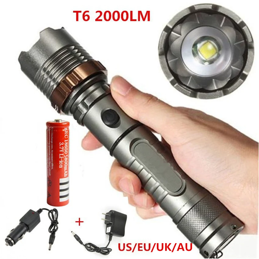 New CREE XM-L T6 LED 2200Lm Zoomable Flashlight Torch Zoom Lamp 2x18650+Car Charger+ US / EU Charger
New CREE XM-L T6 LED 2200Lm Zoomable Flashlight Torch Zoom Lamp 2x18650+Car Charger+ US / EU Charger