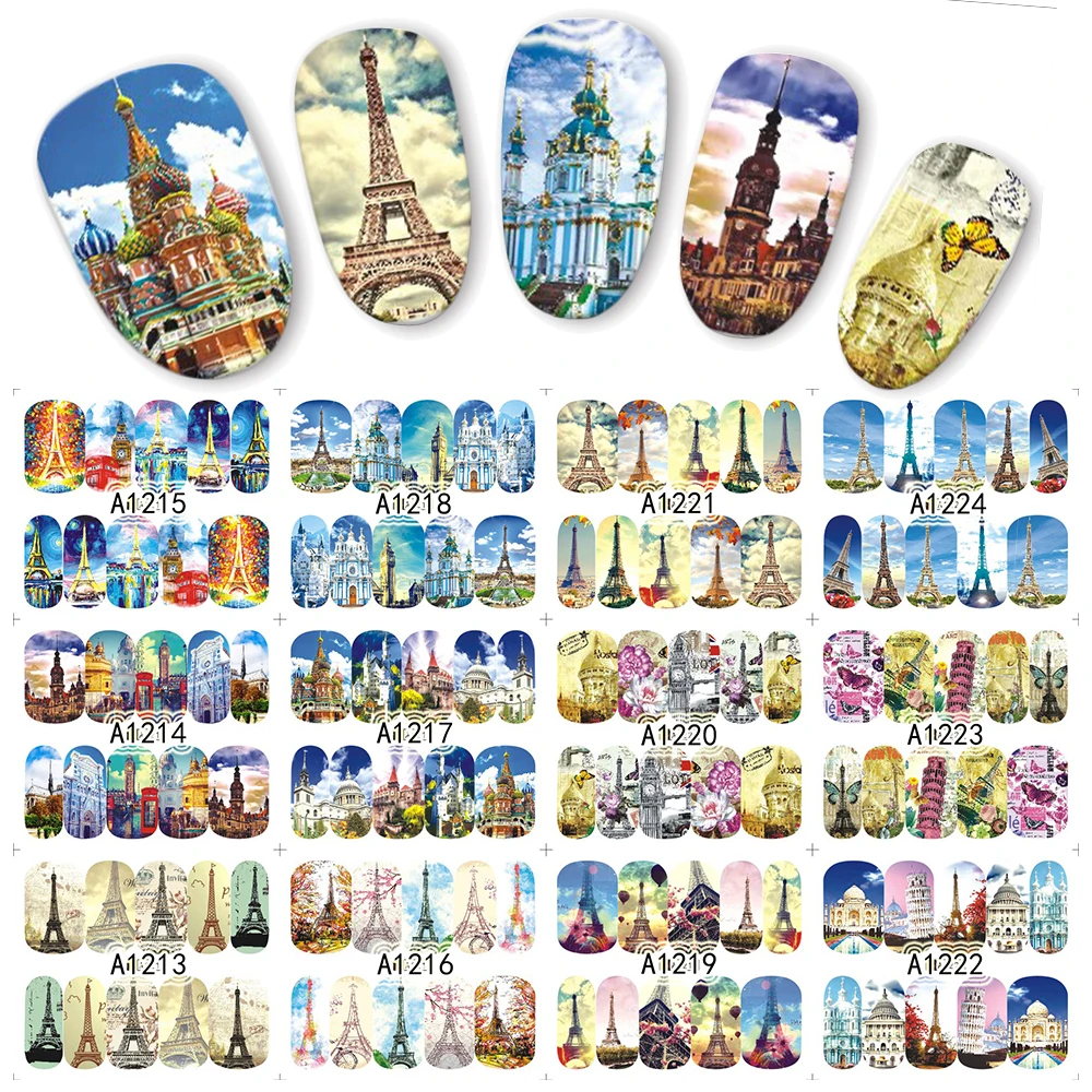 1 sheet European Historical Sites Architecture Designs Full Wraps Water Transfer Nail Art Sticker For Nails Decals JIA1213-1224
1 sheet European Historical Sites Architecture Designs Full Wraps Water Transfer Nail Art Sticker For Nails Decals JIA1213-1224