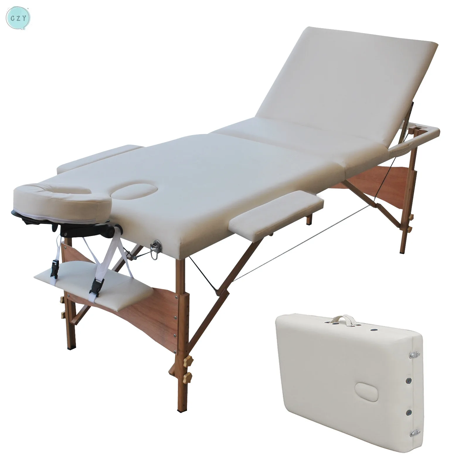 

Massage Table Folding 84 Inchs Professional Massage Bed 3 Fold Lash Bed with Head Armrest Black White Beech Wood Legs