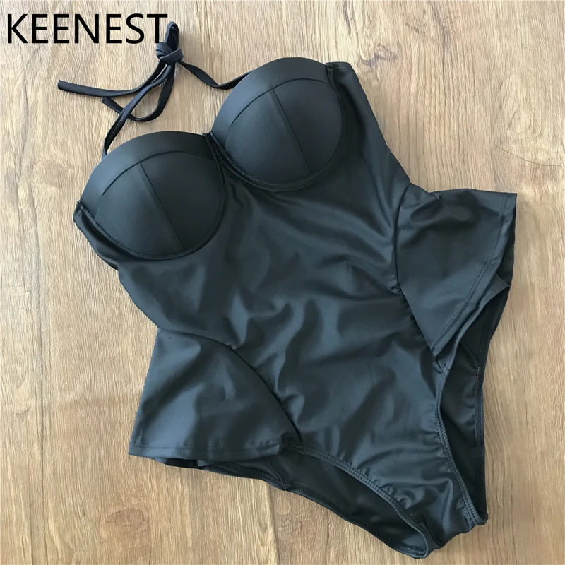 KEENEST Push Up цельный купальник гофрированный черный бандажный монокини купальники с