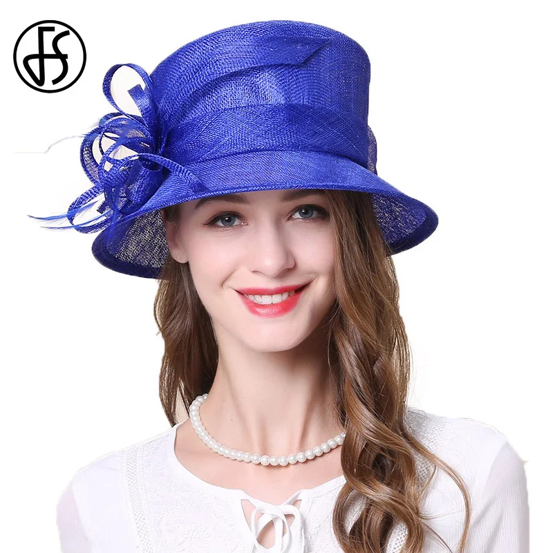 

FS Royal Blue Khaki Lady Sinamay Hat Fascinators For Wedding Women Wide Brim Fedora Top Church Flower Kentucky Derby Hats