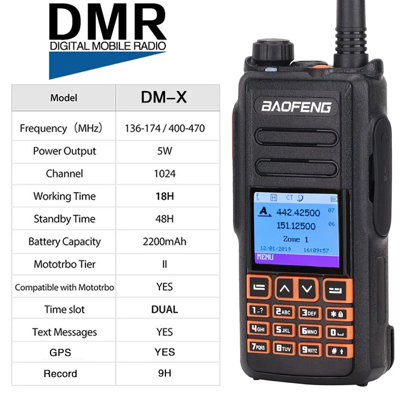 Baofeng DM-X GPS DMR Dual Band Walkie Talkie 5W VHF UHF Digital/Analog Two-way Radio Transceiver Portable Ham Radio
Baofeng DM-X GPS DMR Dual Band Walkie Talkie 5W VHF UHF Digital/Analog Two-way Radio Transceiver Portable Ham Radio