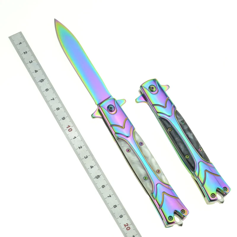 High quality rainbow titanium stainless steel tactical knife italian style folding knife stiletto hunting knife EDC outdoor tool
High quality rainbow titanium stainless steel tactical knife italian style folding knife stiletto hunting knife EDC outdoor tool