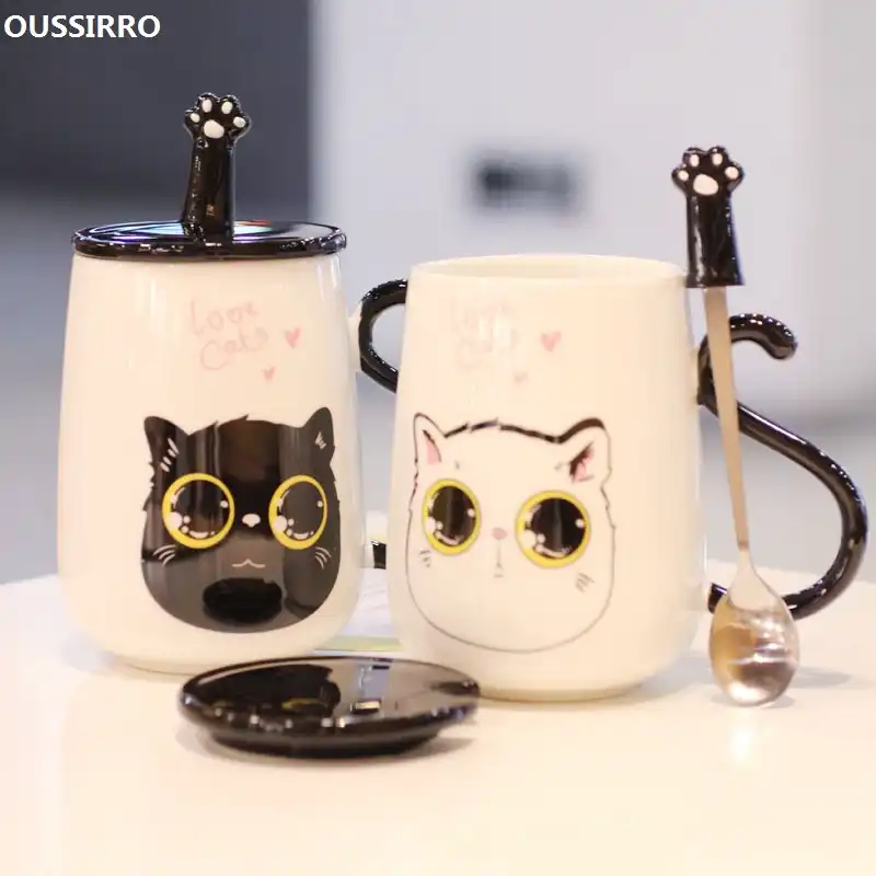 oussirro cute cat ceramics mug with lid an spoon large capacity
