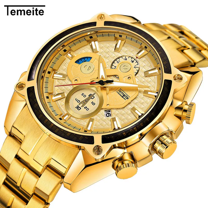 TEMEITE Golden Top Brand Luxury Quartz Watch Men Sub-dials Decoration Stainless Steel Strap Calendar Fashion Military Wristwatch
TEMEITE Golden Top Brand Luxury Quartz Watch Men Sub-dials Decoration Stainless Steel Strap Calendar Fashion Military Wristwatch