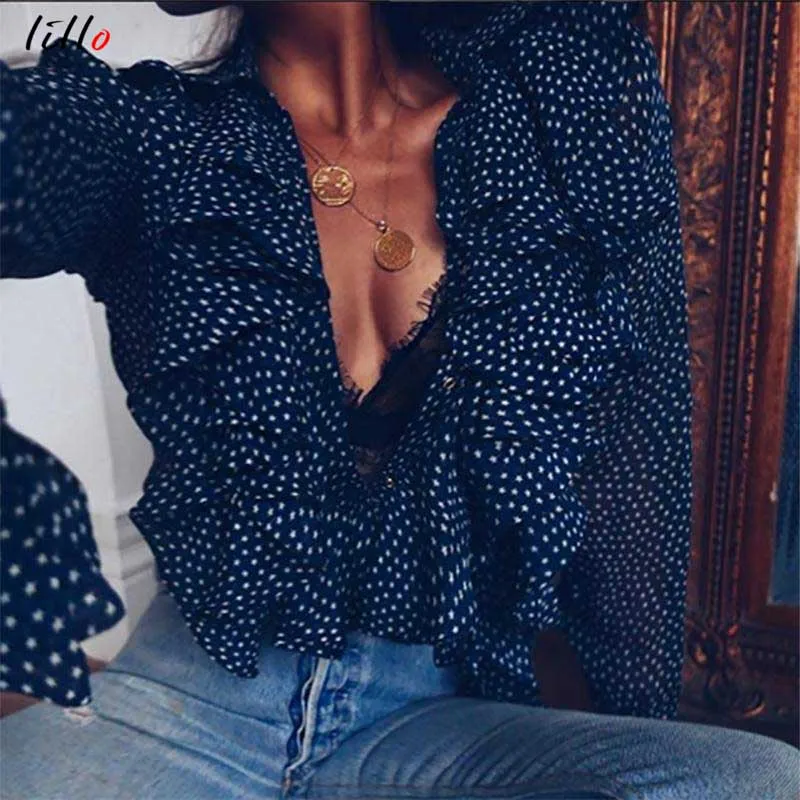 Chiffon Polka Dots Blouses 2018 Fashion Deep-V Sexy Black White Blouses Streetwear Women's Copper Shirts Sweet sexy wild Shirt
Chiffon Polka Dots Blouses 2018 Fashion Deep-V Sexy Black White Blouses Streetwear Women's Copper Shirts Sweet sexy wild Shirt