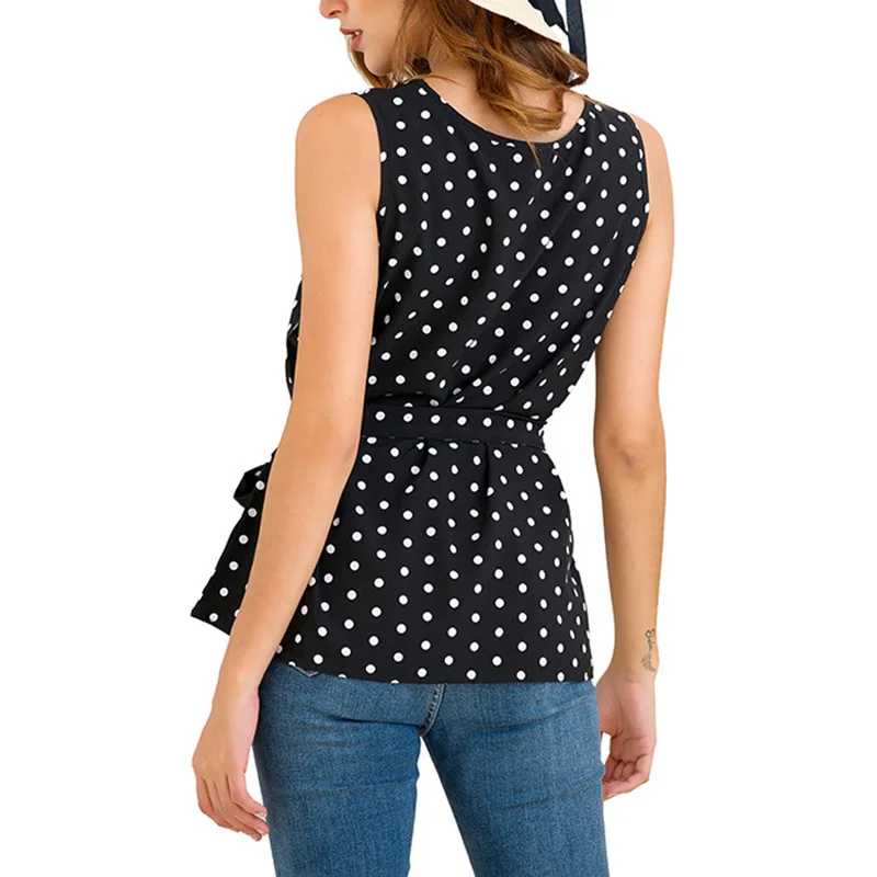 Womens Tops Ladies Blouse Office Summer Waistbelt Casual Work Round Neck Slim Fit Sleeveless Polka Dots Lace Up |