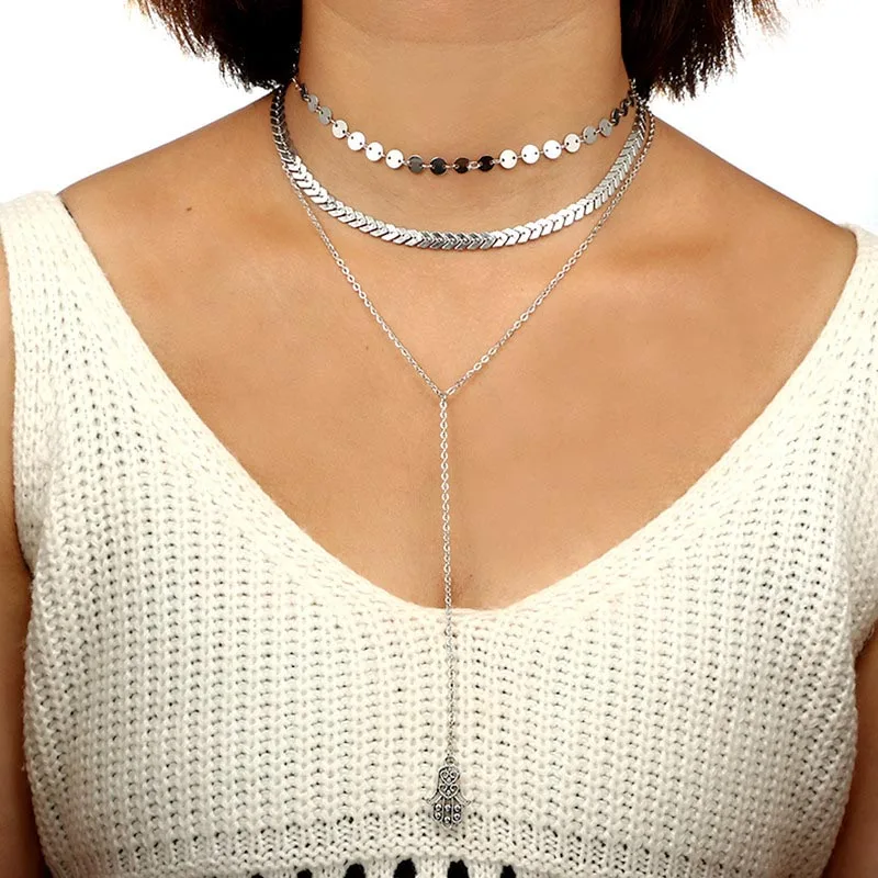 Silver Link Chain Layered Necklace for Women Hamsa Hand Moon Charm Necklace Chockers Women's Fashion Necklaces Pendants 2019
Silver Link Chain Layered Necklace for Women Hamsa Hand Moon Charm Necklace Chockers Women's Fashion Necklaces Pendants 2019