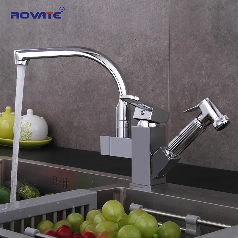ROVATE Kitchen Faucet Pull Out Mixer taps hot and cold Sink Faucets Torneira Cozinha Brass Chrome