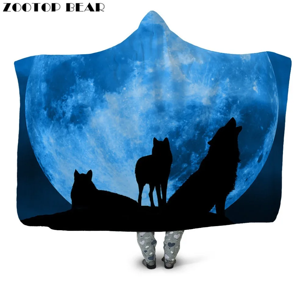 Модное одеяло с капюшоном Moon Black Wolf Крутое флисовое офисное Стеганое пальто