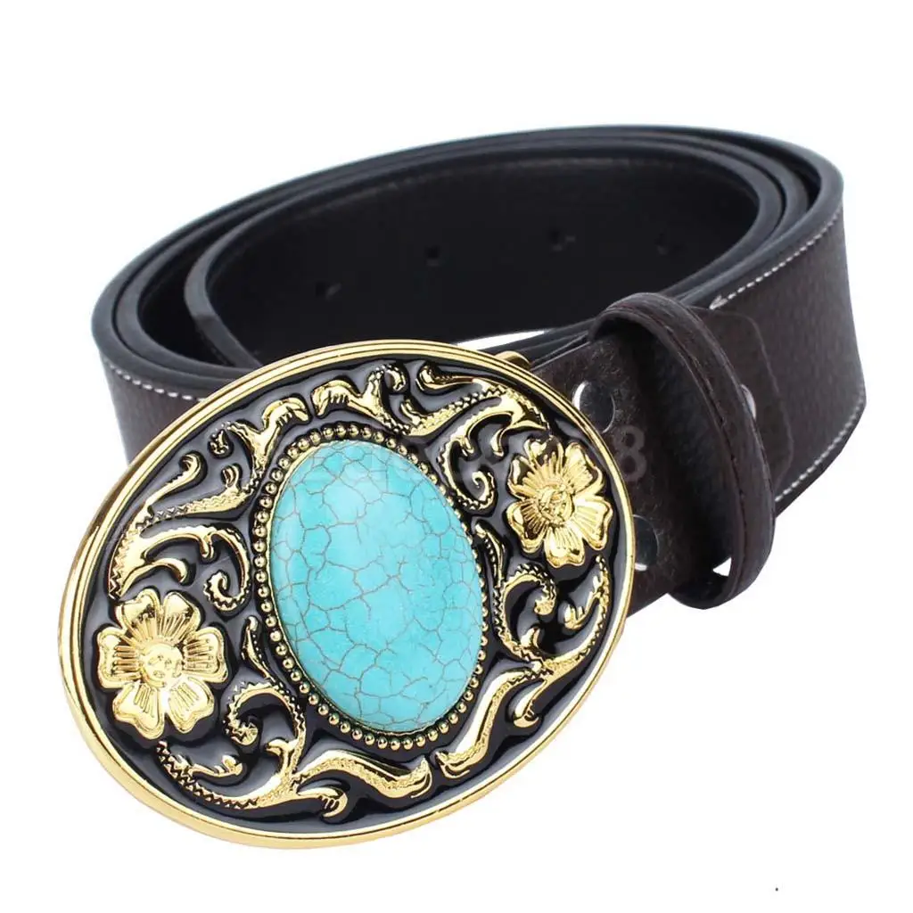 Western Cowboy Leather Belt With Arabesque Pattern Buckle Cowgirl Waist Belt