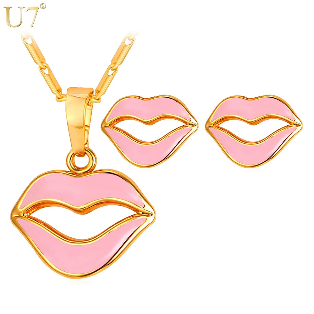 

U7 New Pink Lips Shape Jewelry Set Women 2016 Trendy 18K Real Gold Plated Cute Charm Earring Necklace Sets For It-girl S857