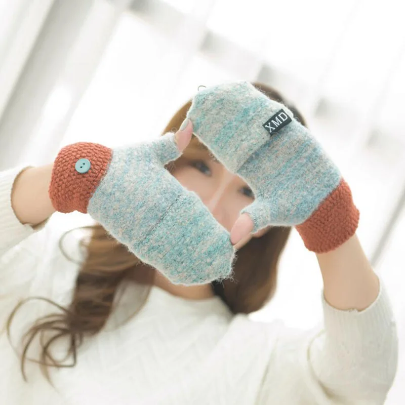 

YRRETY Winter Wool Gloves Thicken Warm Mittens Half Finger Glove Warmers Flip Half Button Patchwork Knitted Fingerless Mittens