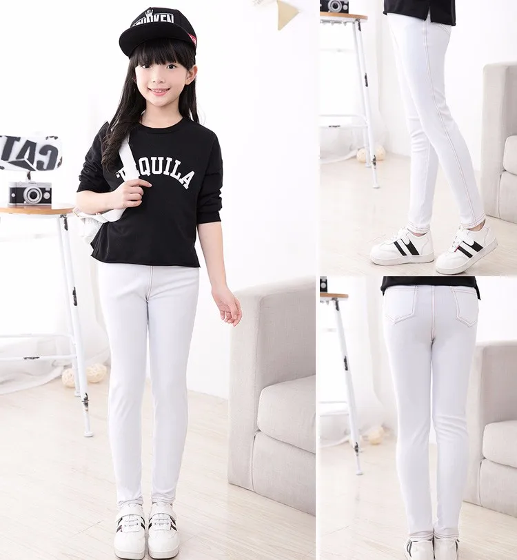 SheeCute New Spring Summer Fashion Girls Pencil knit Imitation denim fabric Jeans Kids Candy Colore Mid Waist Full Length pants 16