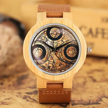 

Famous Dr Doctor Who Theme Wristwatch Mens Bamboo Wooden Watch Top Simple Quartz Genuine Leather Clock Male reloj madera hombre