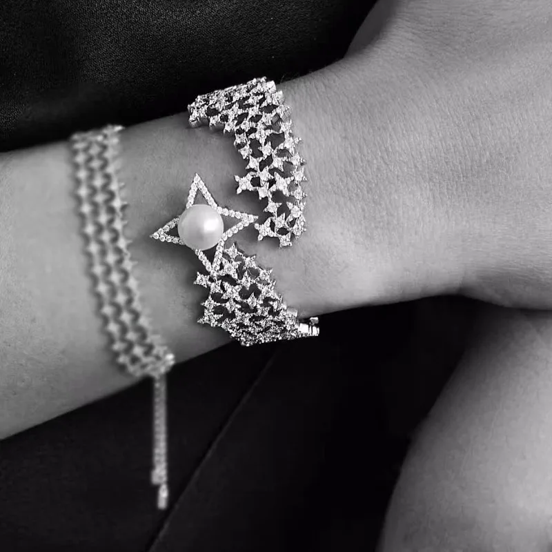 

SLJELY Brand Design 925 Sterling Silver Cubic Zirconia Stars Bangle with Pearl Women Wedding Party Bracelet Cuff Luxury Jewelry