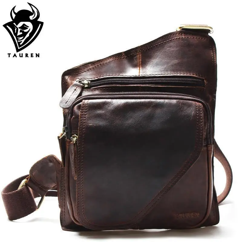 Image New High Quality Vintage Casual Crazy Horse Leather Genuine Cowhide Men Chest Bag Small Messenger Bags For man Messenger bag