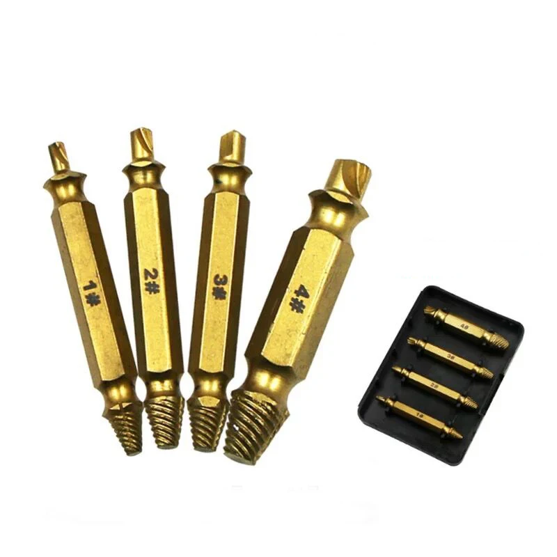 4pcs Titanium Damaged Screw Extractor Drill Bit HSS Bolt Stud Remover Tool Kit for Quickly Extracting the Broken Screws
4pcs Titanium Damaged Screw Extractor Drill Bit HSS Bolt Stud Remover Tool Kit for Quickly Extracting the Broken Screws