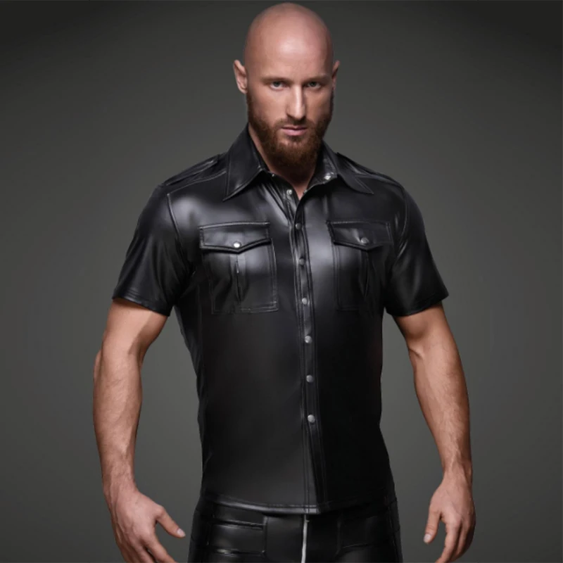Sexy Mens Soft Faux Leather Shirt Tops Coat Short Sleeves Male's Punk Black Tight Shirts With Down Collar Mens Nightclub Costume
Sexy Mens Soft Faux Leather Shirt Tops Coat Short Sleeves Male's Punk Black Tight Shirts With Down Collar Mens Nightclub Costume