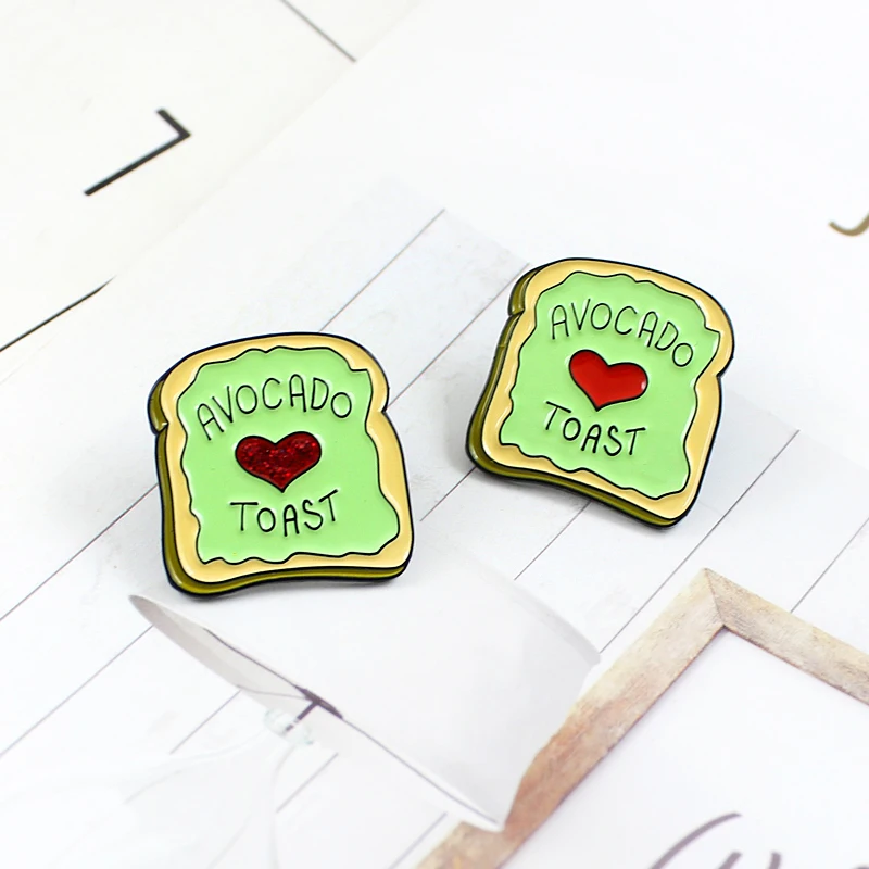 

Creative Green Avocado Toast Brooch Shiny Red Love Breakfast Toast Bread Enamel Pin Denim Backpack Badge Couple Kids Gifts