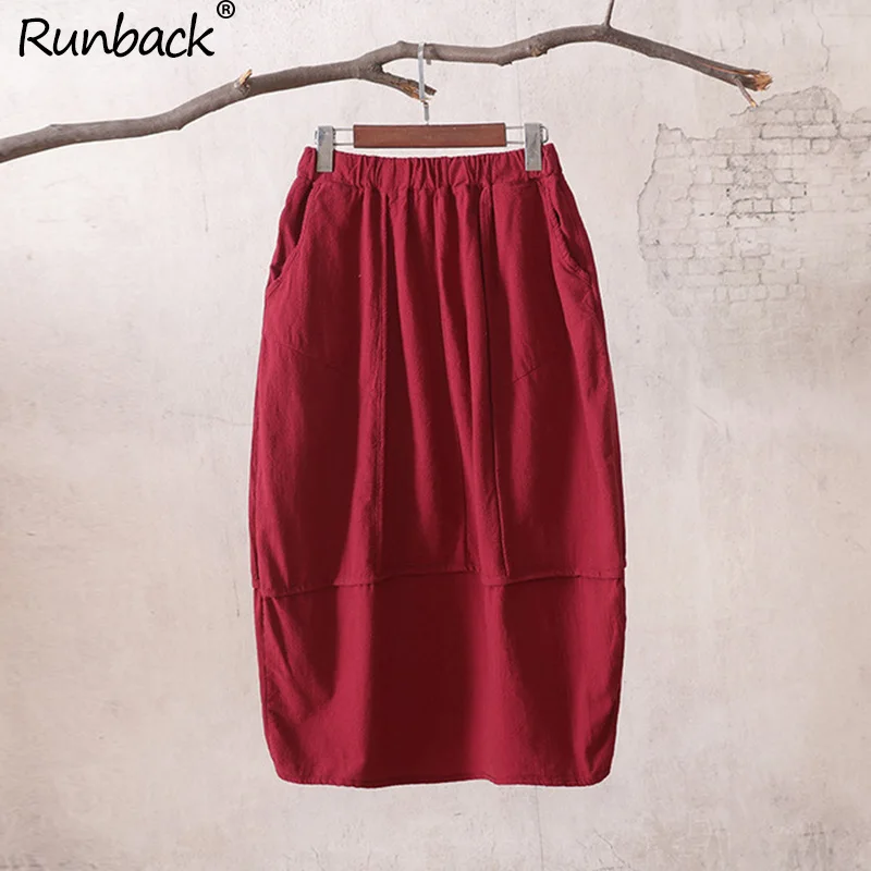 

Runback Linen Skirts Vintage Solid Elastic Waist Mid Calf Chinese Style Black Long Bud 2019 Autumn Maxi Skirts Jupe Longue Femme