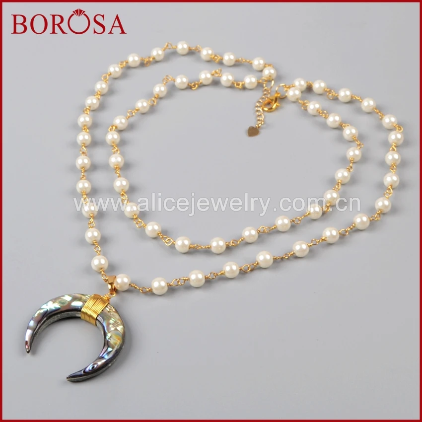 Bohemia Abalone Shell Horn Pendant Necklace for Women Natural Pearl Beads Rosary Chain Gold Layer G1164 | Украшения и аксессуары