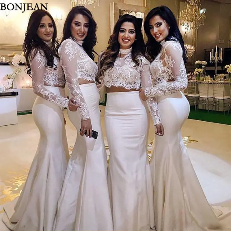 Elegant Bridesmaid Dresses With Lace Mermaid Long Sleeves High Neck Sweep Train Two Pieces Bridesmaid Dresses Custom Made
Elegant Bridesmaid Dresses With Lace Mermaid Long Sleeves High Neck Sweep Train Two Pieces Bridesmaid Dresses Custom Made