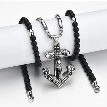 Skull Head Boat Anchor Pendant Necklace Silver Color Stainless Steel Chain Black Stone Strand Beads Necklaces Ethnic Jewelry Men
Skull Head Boat Anchor Pendant Necklace Silver Color Stainless Steel Chain Black Stone Strand Beads Necklaces Ethnic Jewelry Men