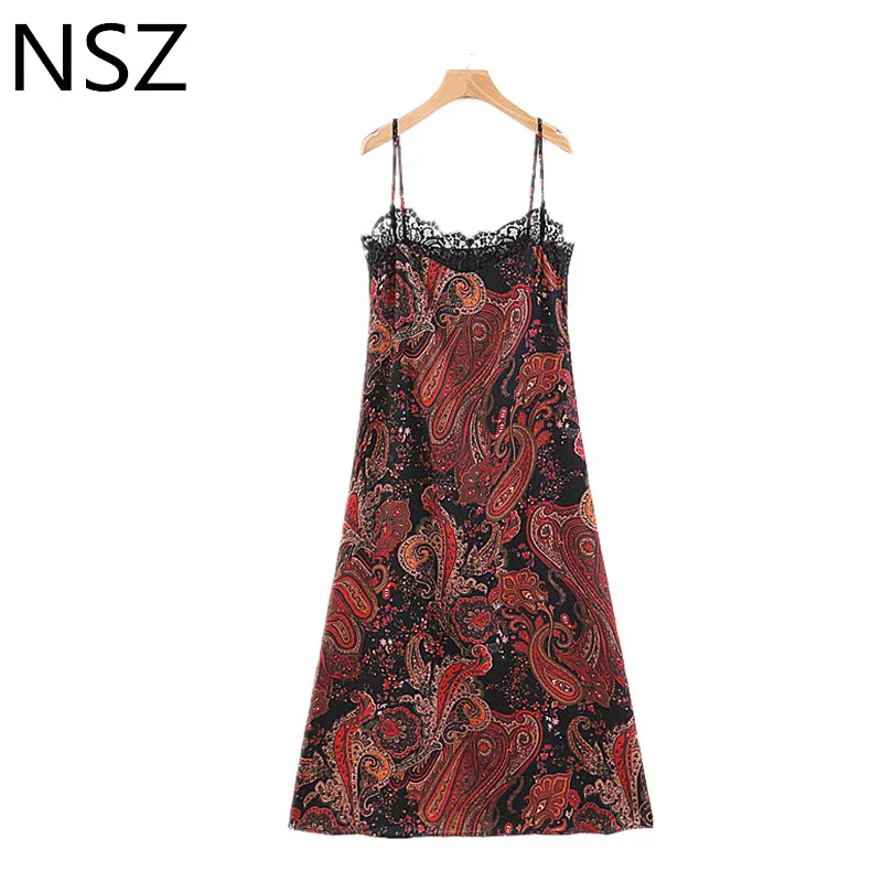 NSZ Для женщин печати кружева лоскутное Спагетти ремень Средний Sun платье без