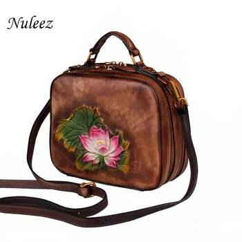 

Nuleez genuine leather women cross-body bag Chinese national waterlily hand carved real cowhide bag 2018 new fashion