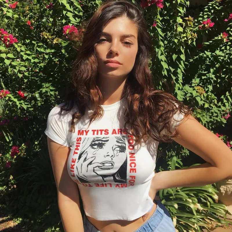 Sexy summer hip hop women T-shirts cartoon tears letter printed my tits are too nice night club caim party girl t shirt crops
Sexy summer hip hop women T-shirts cartoon tears letter printed my tits are too nice night club caim party girl t shirt crops