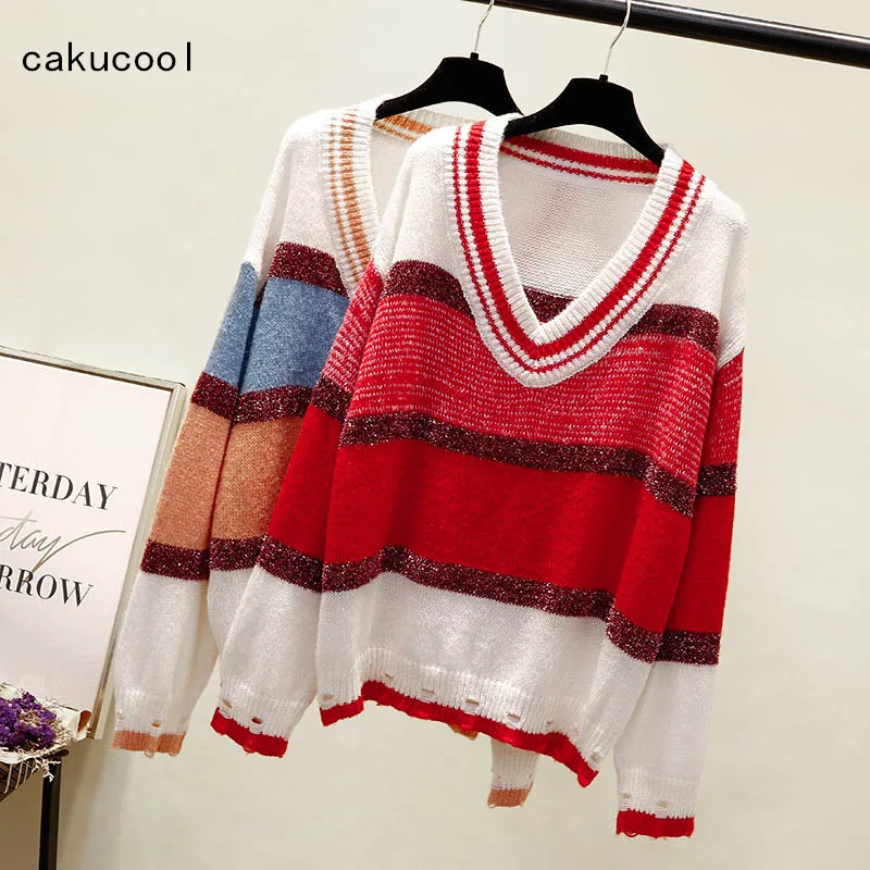Cakucool Korean Gold Lurex Sweaters Women V-Neck Color Patch Striped Knit Pullover Bling Shiny Loose Jumper Girls Sweater Femme
Cakucool Korean Gold Lurex Sweaters Women V-Neck Color Patch Striped Knit Pullover Bling Shiny Loose Jumper Girls Sweater Femme